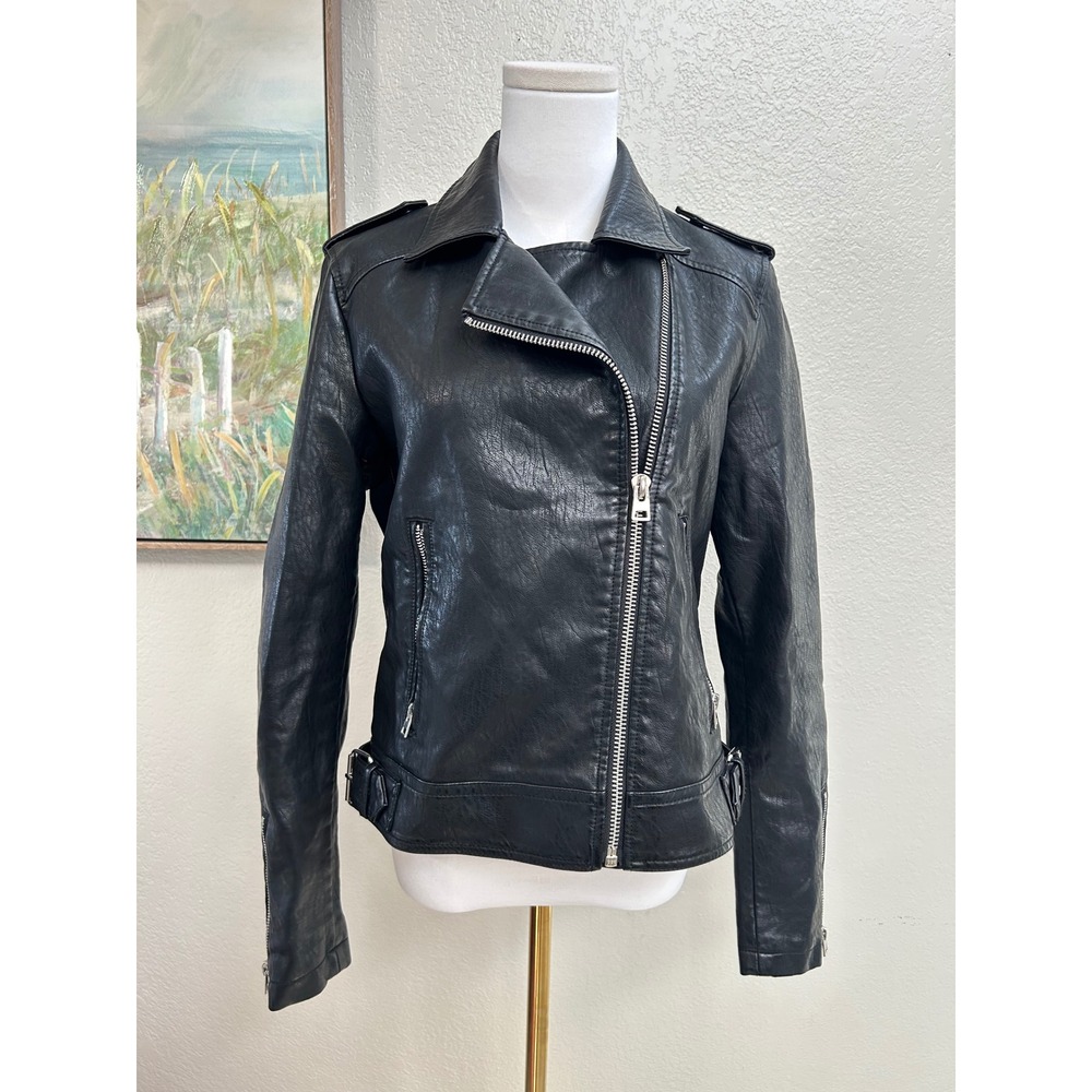 Topshop Black Faux Leather Moto Jacket Women's US 8 Biker Zip‎ Motorcycle Jacket